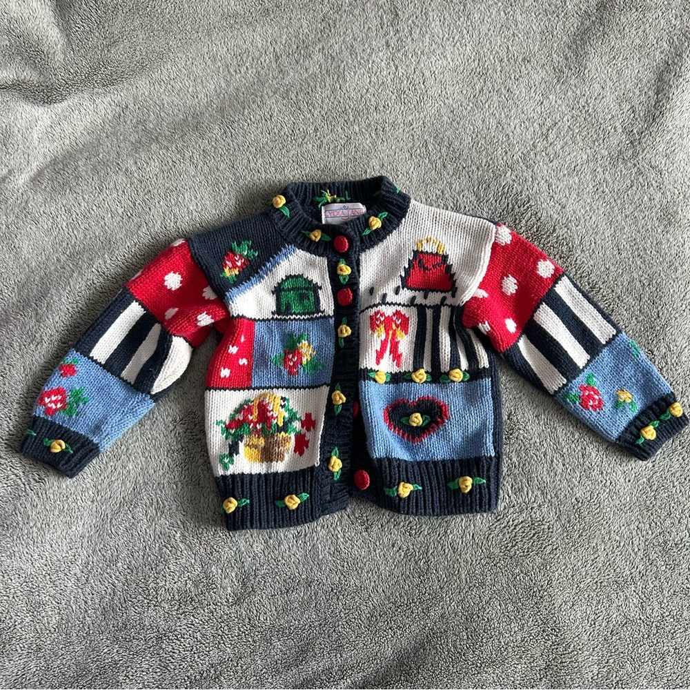 Vintage Lydia Jane Patchwork Birdhouse Flower Multicolor Knit Cardigan Sweater